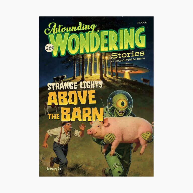 oster in stile pulp vintage con copertina di rivista di fantascienza anni '50, un alieno con un maiale e un contadino sorpreso sotto luci UFO.